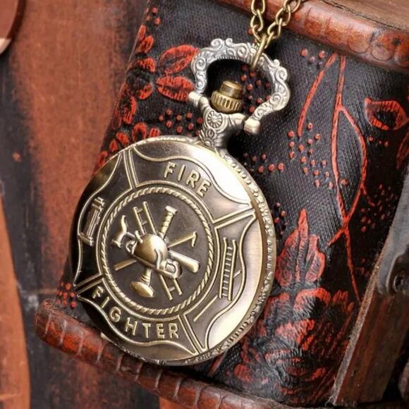 Firefighter Fireman Pocket Watch Gold Mens Valentine's Birthday VTG Fashion Gift